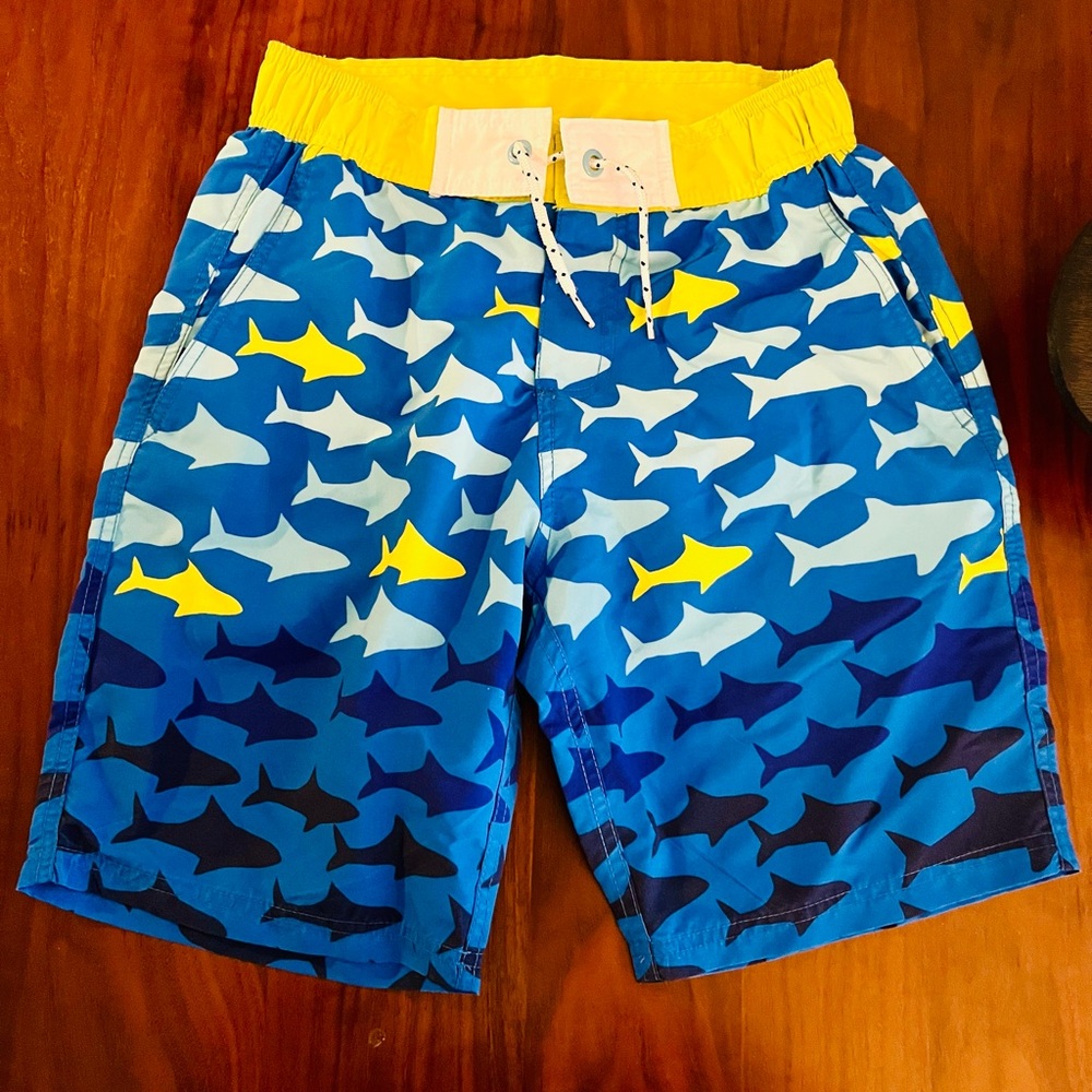 Boden Kids Swim Trunks - Blue and Yellow Shark Print